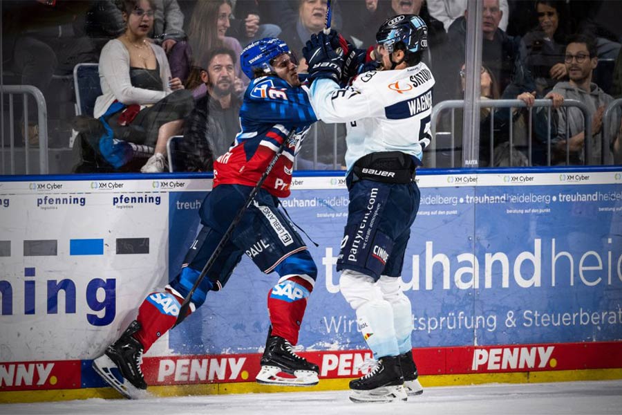 Zwei Eishockeyspieler attackieren vor den Zuschauern, die sich im Hintergrund befinden
